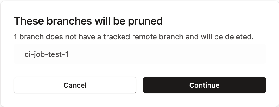 The Prune branches modal allows users to delete local branches that have already been deleted from the remote repository. The Prune branches modal allows users to delete local branches that have already been deleted from the remote repository.