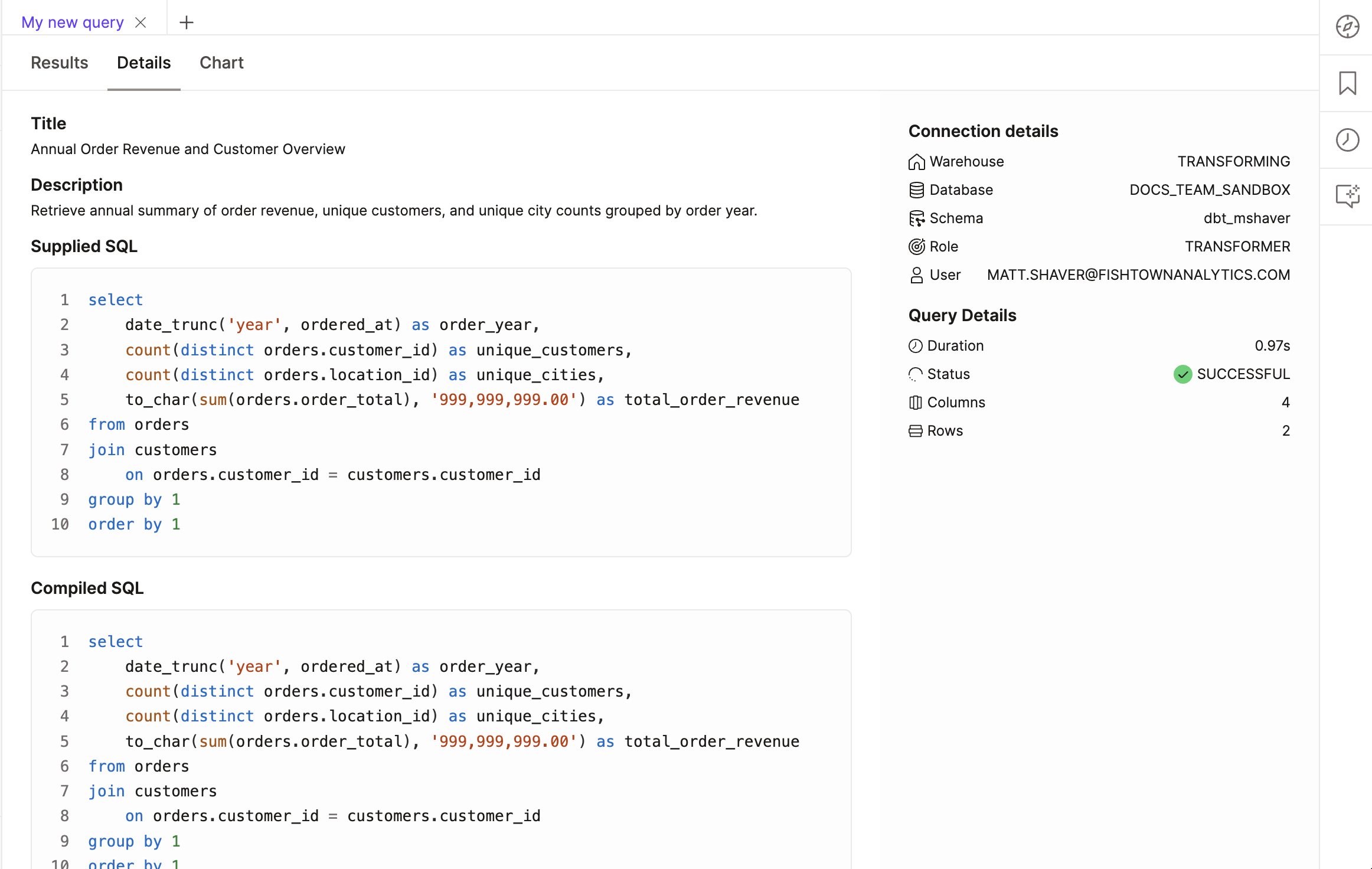 dbt Insights Details tab dbt Insights Details tab